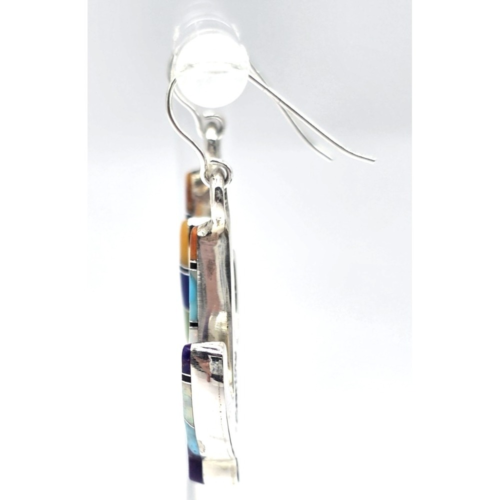 Multi-Gemstone Cacti Earrings Sterling Silver Inlays 0.94" Handmade Signed NEW - Picture 6 of 13